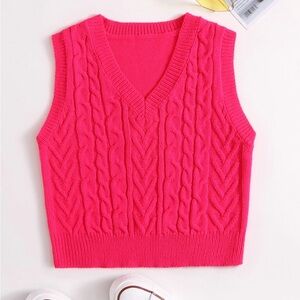 Vibrant Fuchsia Cable Knit Sweater Vest | V-Neck Sleeveless Knit Top